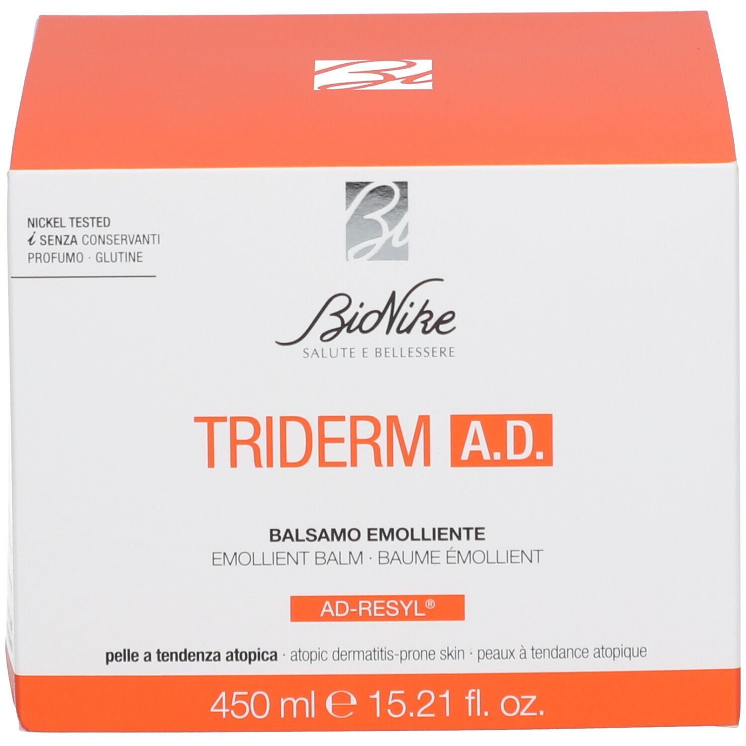 Oranje doos met BioNike TRIDERM A.D. Opschrift: Verzachtende balsem. Voor de atopische huid. 450 ml.
