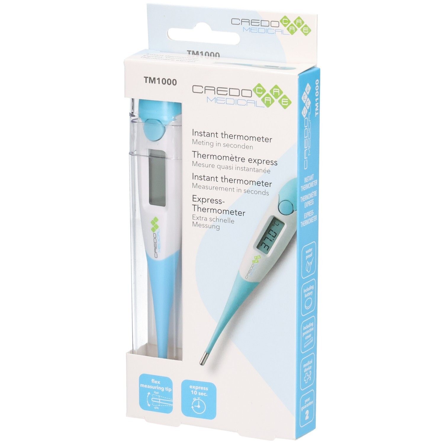 Thermometer in verpakking. Digitale display, blauw-wit. Merk Credo Medical, model TM1000. Flexibele punt.