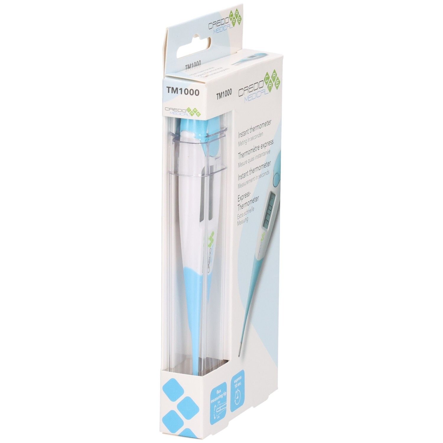 Thermometer in verpakking. Digitale display, blauw-wit. Merk Credo Medical, model TM1000. Flexibele punt.