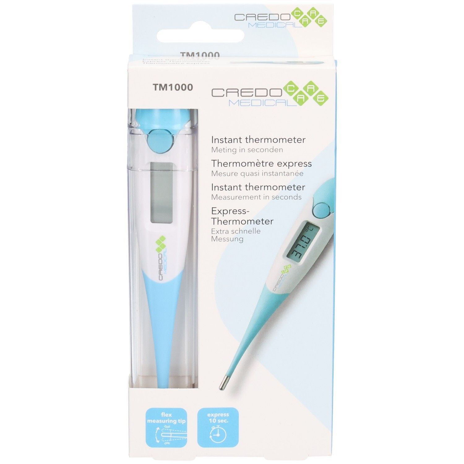 Thermometer in verpakking. Digitale display, blauw-wit. Merk Credo Medical, model TM1000. Flexibele punt.