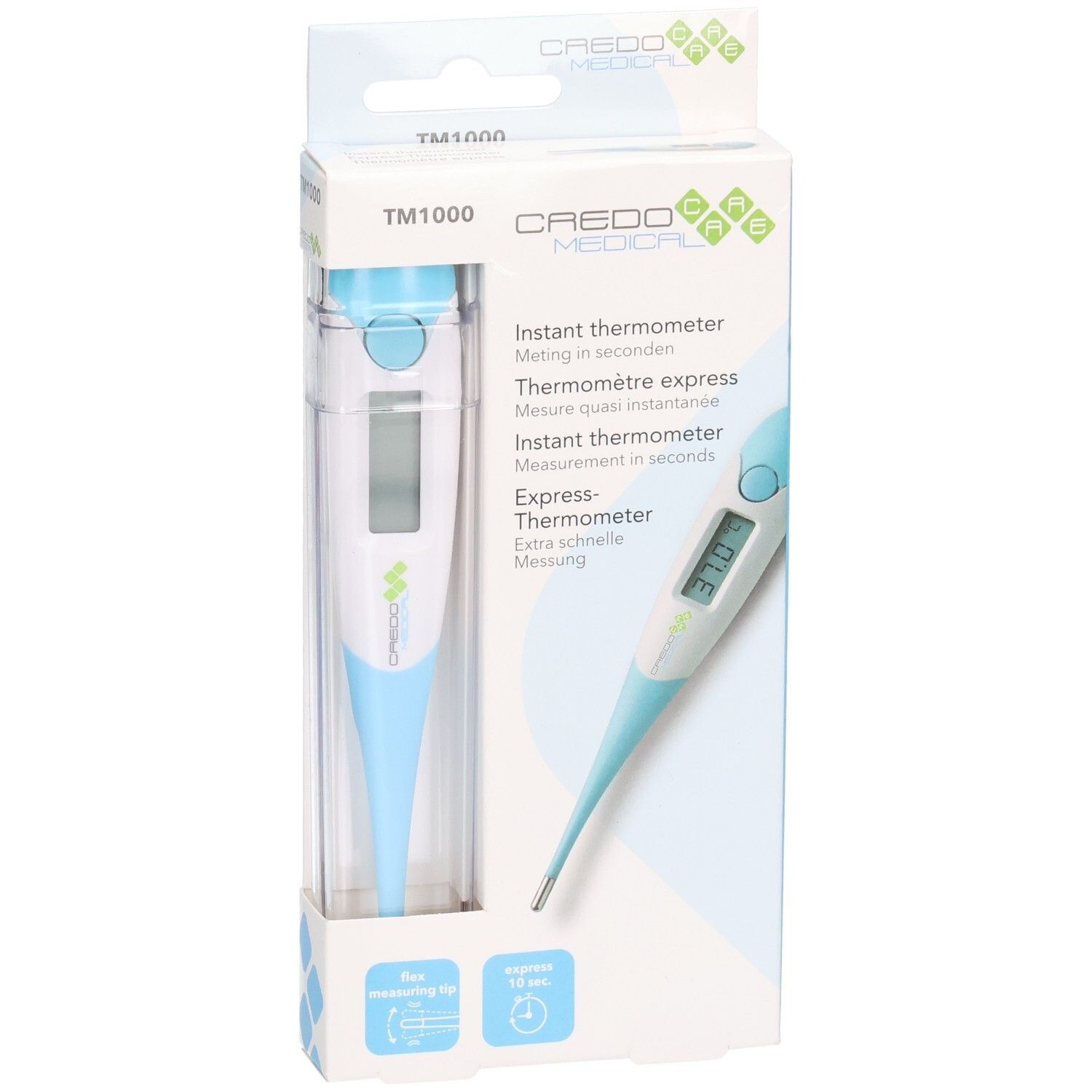 Thermometer in verpakking. Digitale display, blauw-wit. Merk Credo Medical, model TM1000. Flexibele punt.