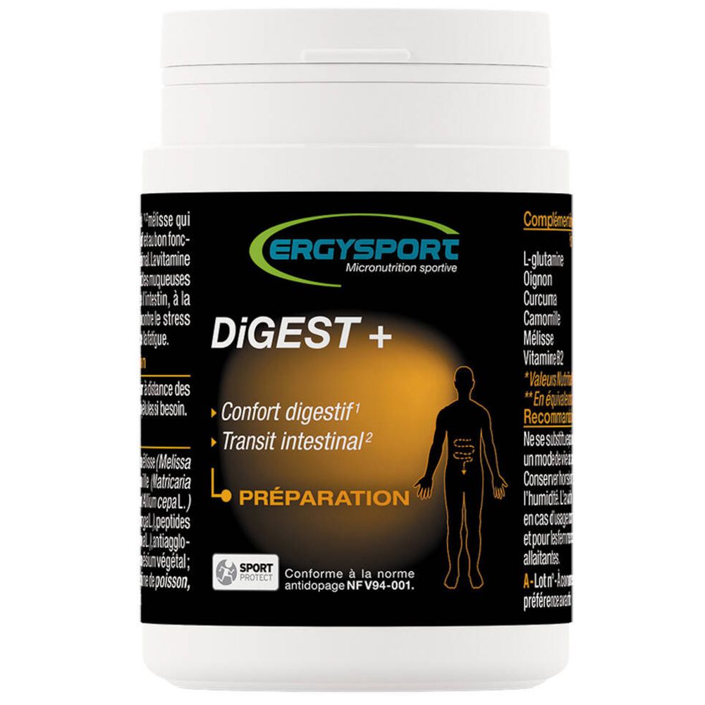Witte fles met zwart etiket. Opschrift: ErgySport Digest+. Bevat L-glutamine, kurkuma en vitamine B2. Sport Protect-certificering.