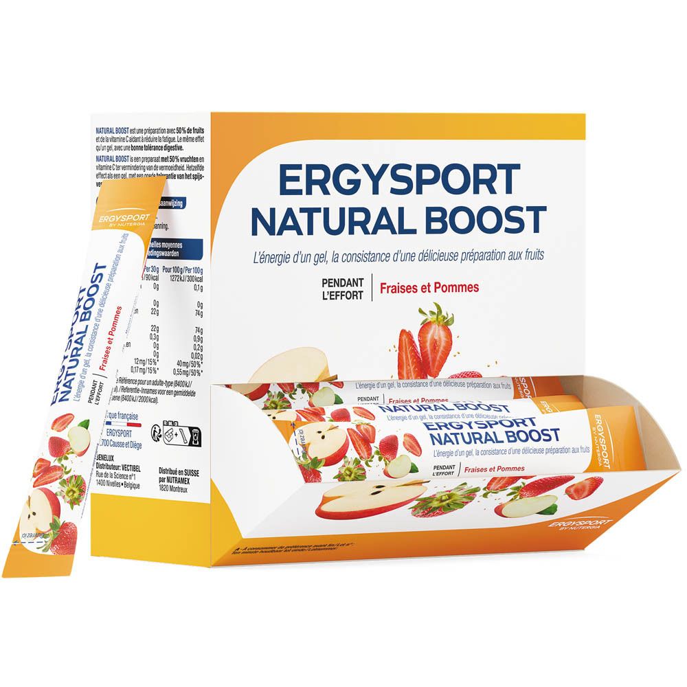 Open doos met zakjes. "Ergysport NATURAL BOOST" en illustraties. Individuele zakjes met informatie.