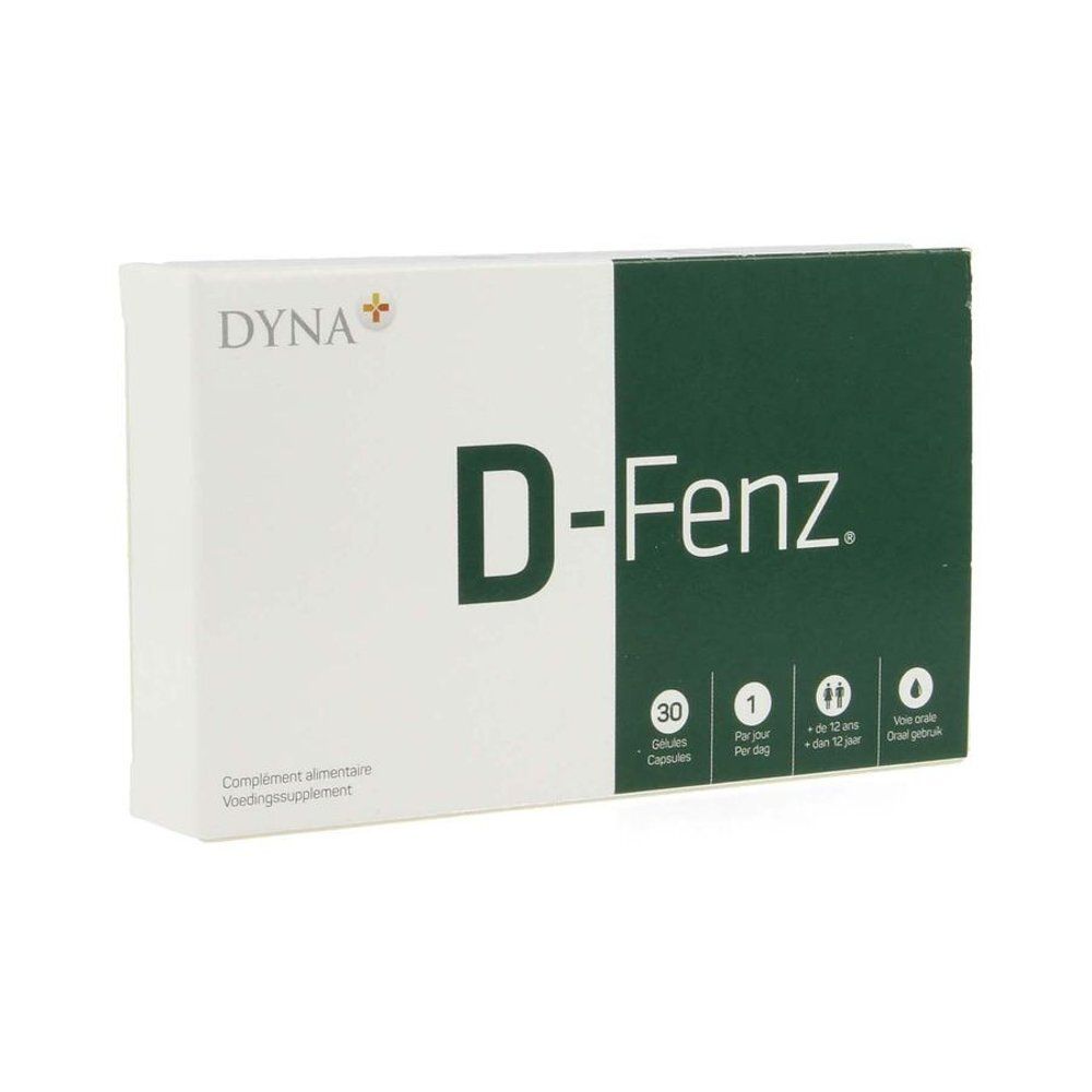 Witte doos met groen vlak. Opschrift: D-Fenz, 30 capsules, 1 per dag. Merk: Dyna+.