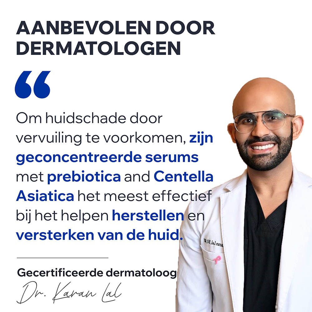 Arts met bril. Tekst: Dermatoloog beveelt aan. Citaat: Prebiotica en Centella Asiatica herstellen de huid.
