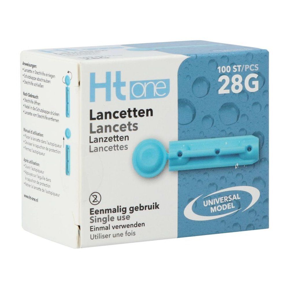 Boîte de lancettes Ht one. Boîte bleue et blanche avec nom du produit, 28G et 100 pièces. Usage unique.
