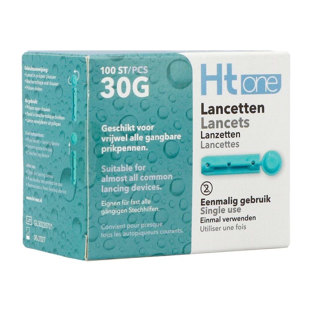 Boîte de lancettes Ht one. Contient 100 pièces, 30G. Convient à presque tous les autopiqueurs courants. Inscription : Usage unique.