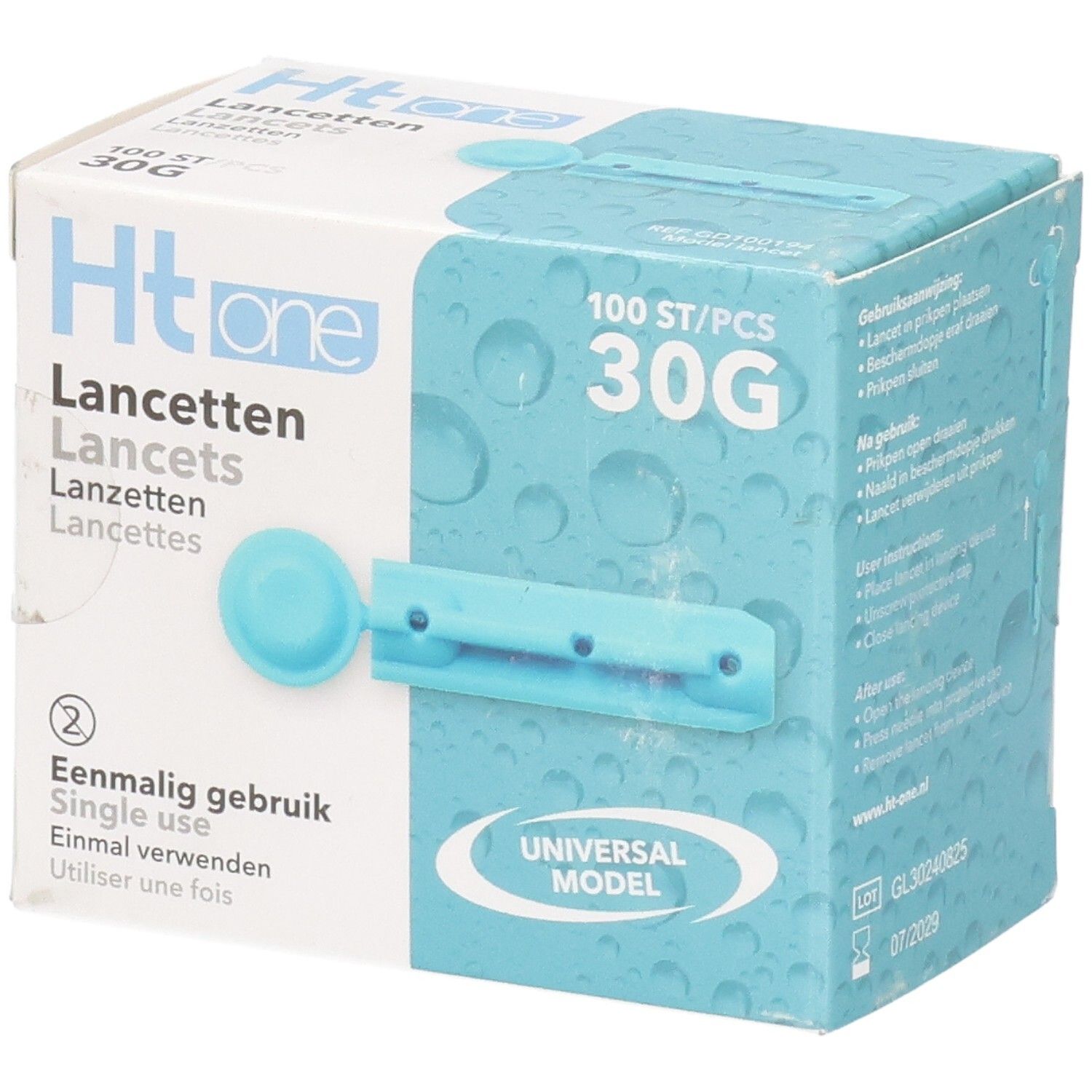 Verpakking Ht one lancetten. Bevat 100 stuks, 30G. Enkele blauwe lancet. Opschrift: Eenmalig gebruik.