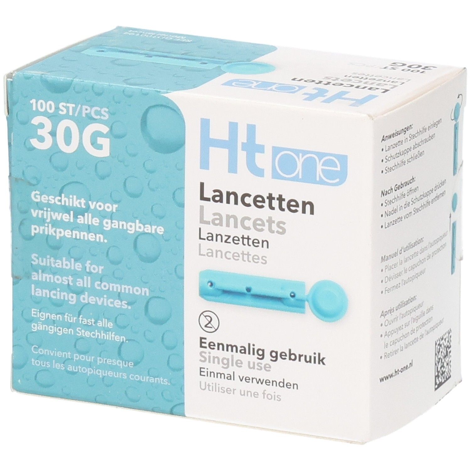 Verpakking Ht one lancetten. Bevat 100 stuks, 30G. Geschikt voor bijna alle gangbare prikpen. Opschrift: Eenmalig gebruik.