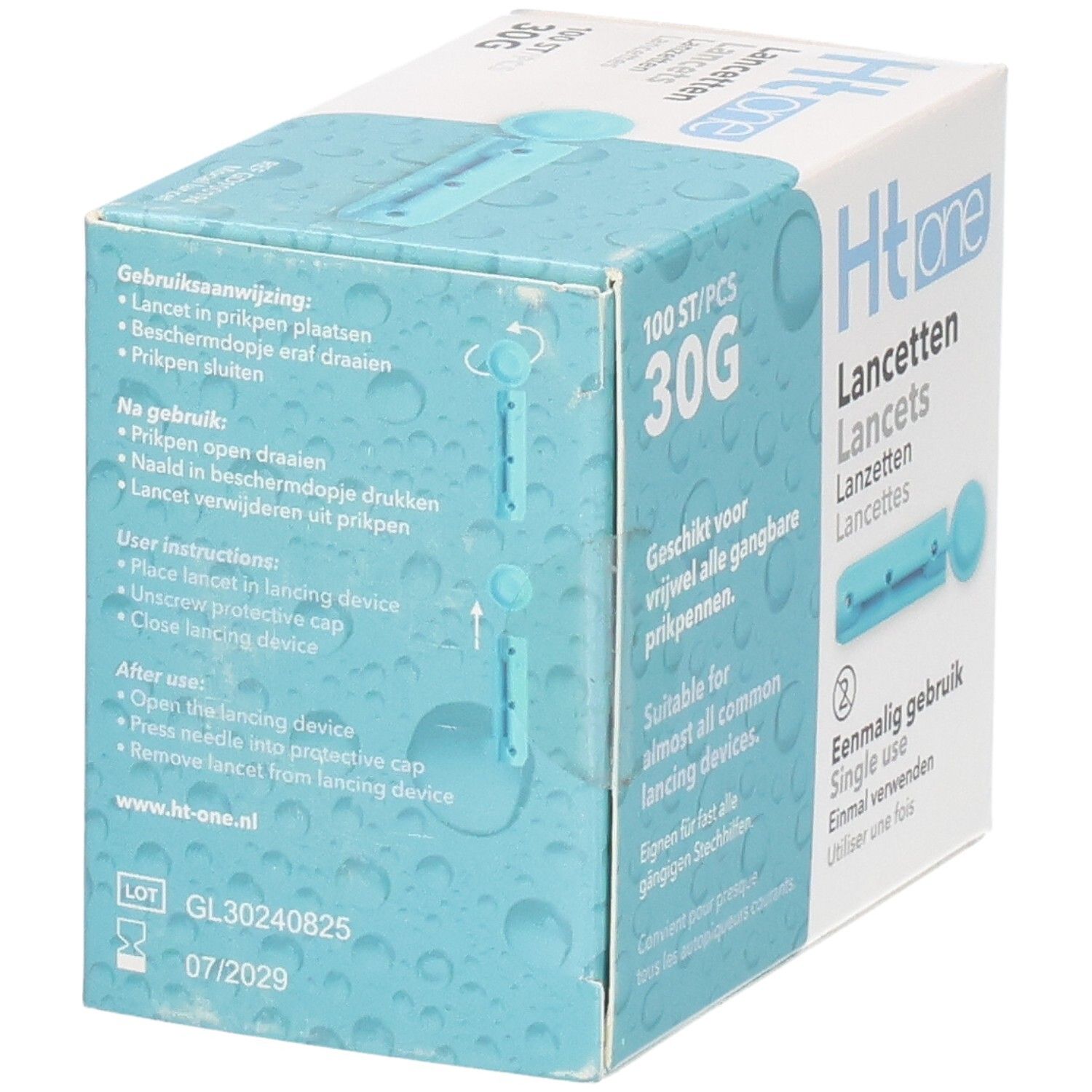 Verpakking Ht one lancetten. Bevat 100 stuks, 30G. Instructies en pictogrammen. Opschrift: Eenmalig gebruik. Houdbaarheid 07/2029.