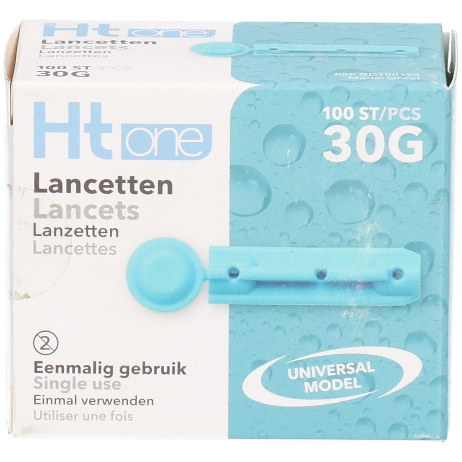 Verpakking Ht one lancetten. Bevat 100 stuks, 30G. Enkele blauwe lancet. Opschrift: Eenmalig gebruik. Universeel model.
