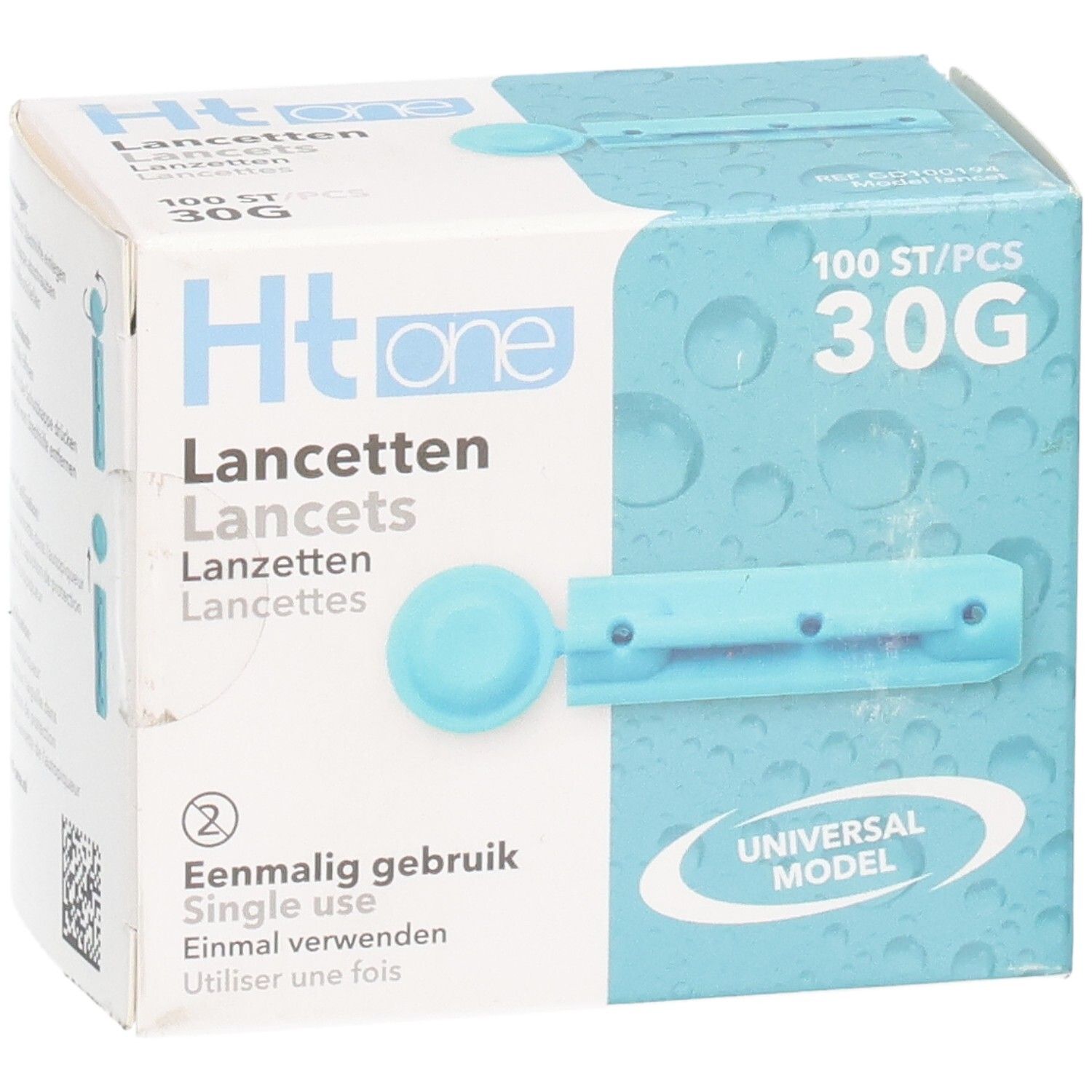 Verpakking Ht one lancetten. Bevat 100 stuks, 30G. Enkele blauwe lancet. Opschrift: Eenmalig gebruik. Universeel model.