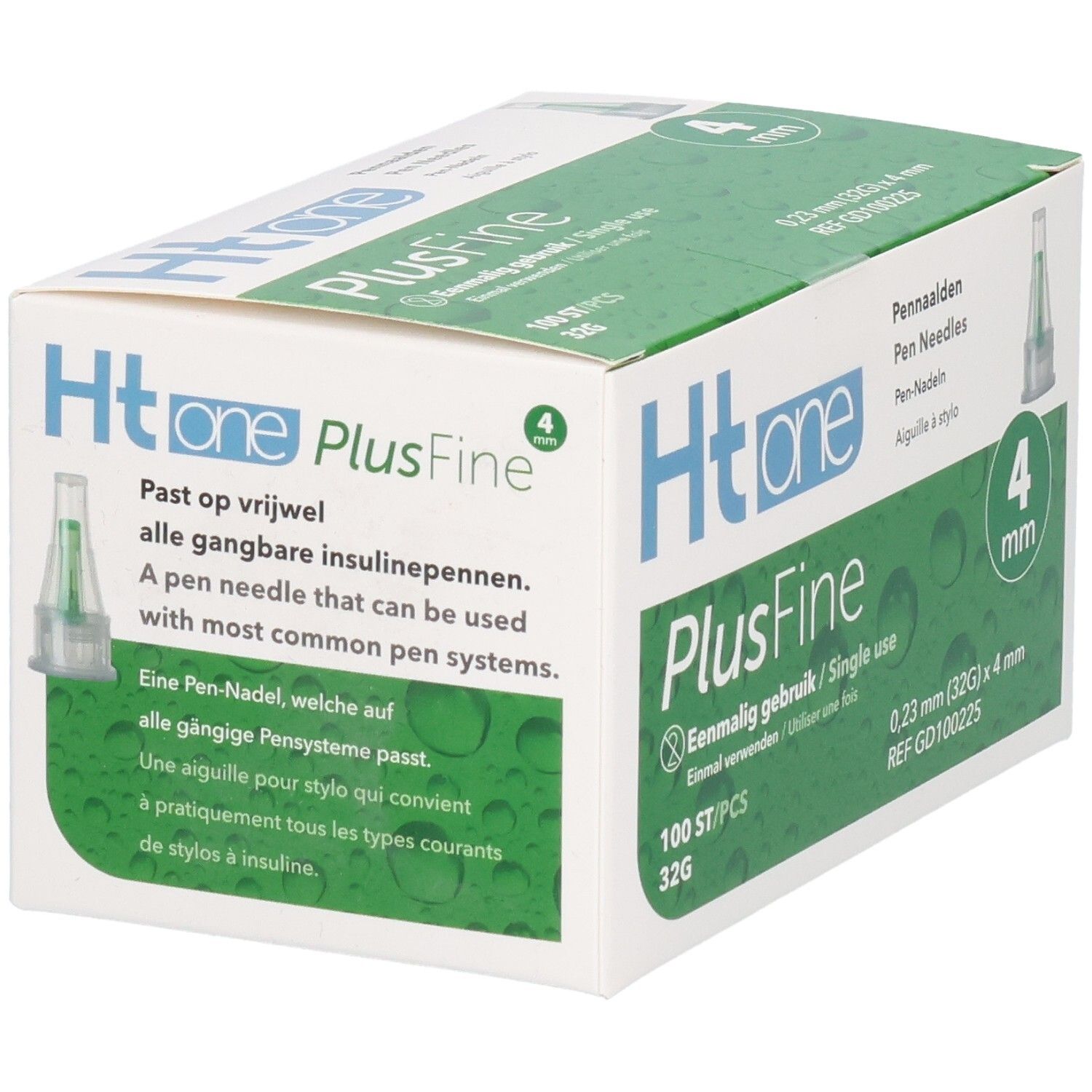 Boîte d'aiguilles pour stylos Ht one PlusFine, 4 mm. Texte : Convient à tous les stylos à insuline courants. Emballage vert et blanc.