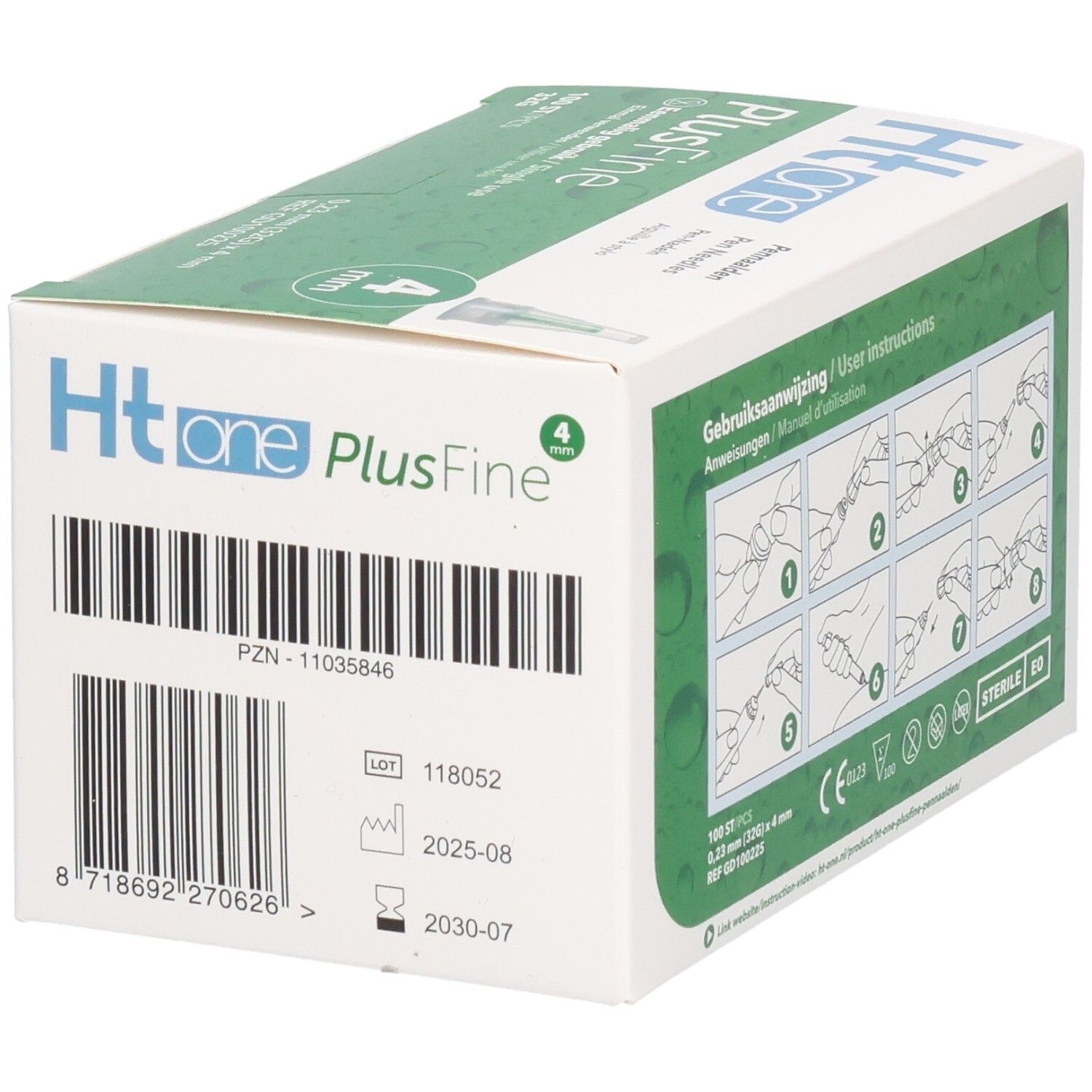 Boîte d'aiguilles pour stylos Ht one PlusFine, 4 mm. Dos avec code-barres, numéro de lot et date de péremption. Emballage vert et blanc.