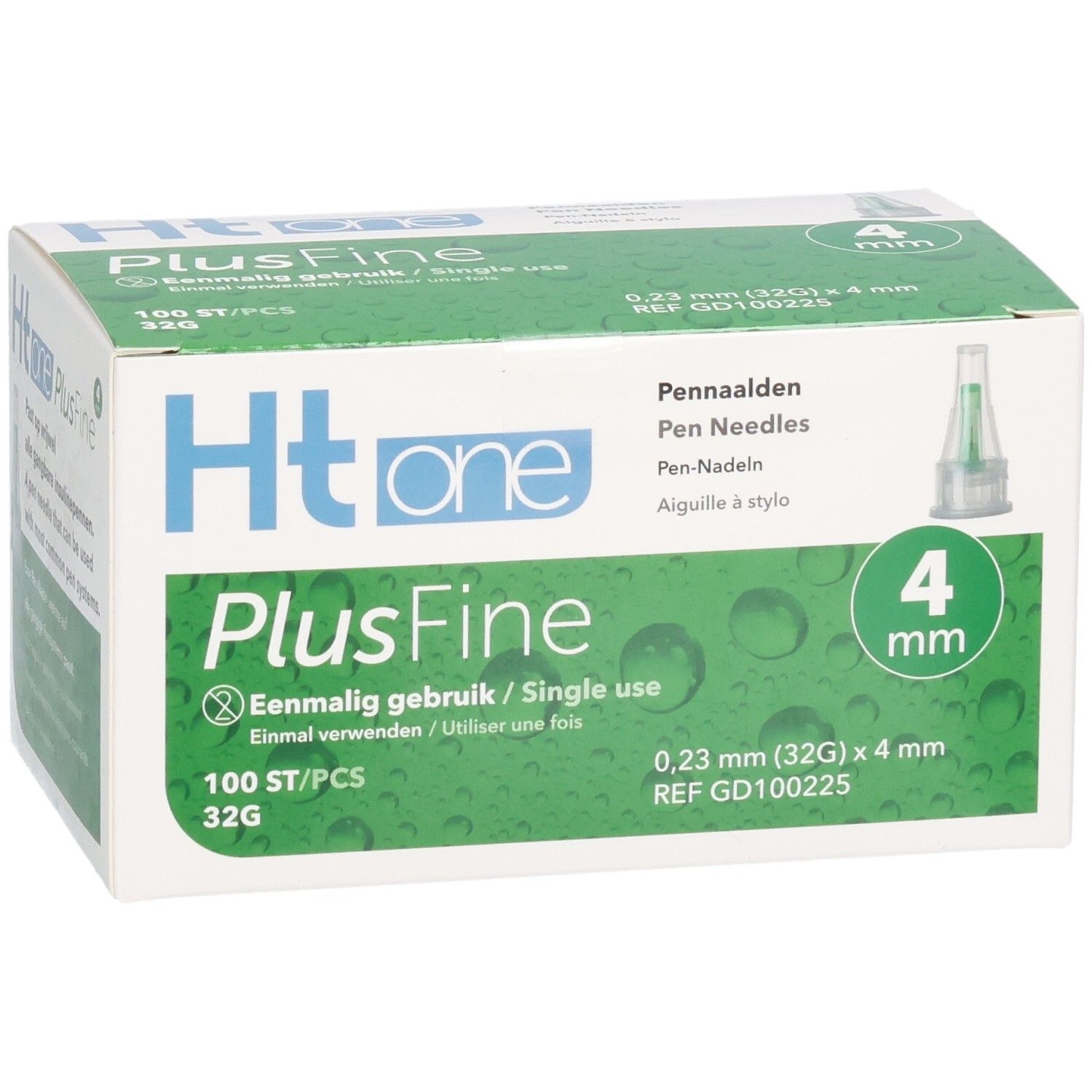 Boîte d'aiguilles pour stylos Ht one PlusFine, 4 mm. Emballage vert et blanc. Inscriptions : 4 mm, 32G, usage unique.