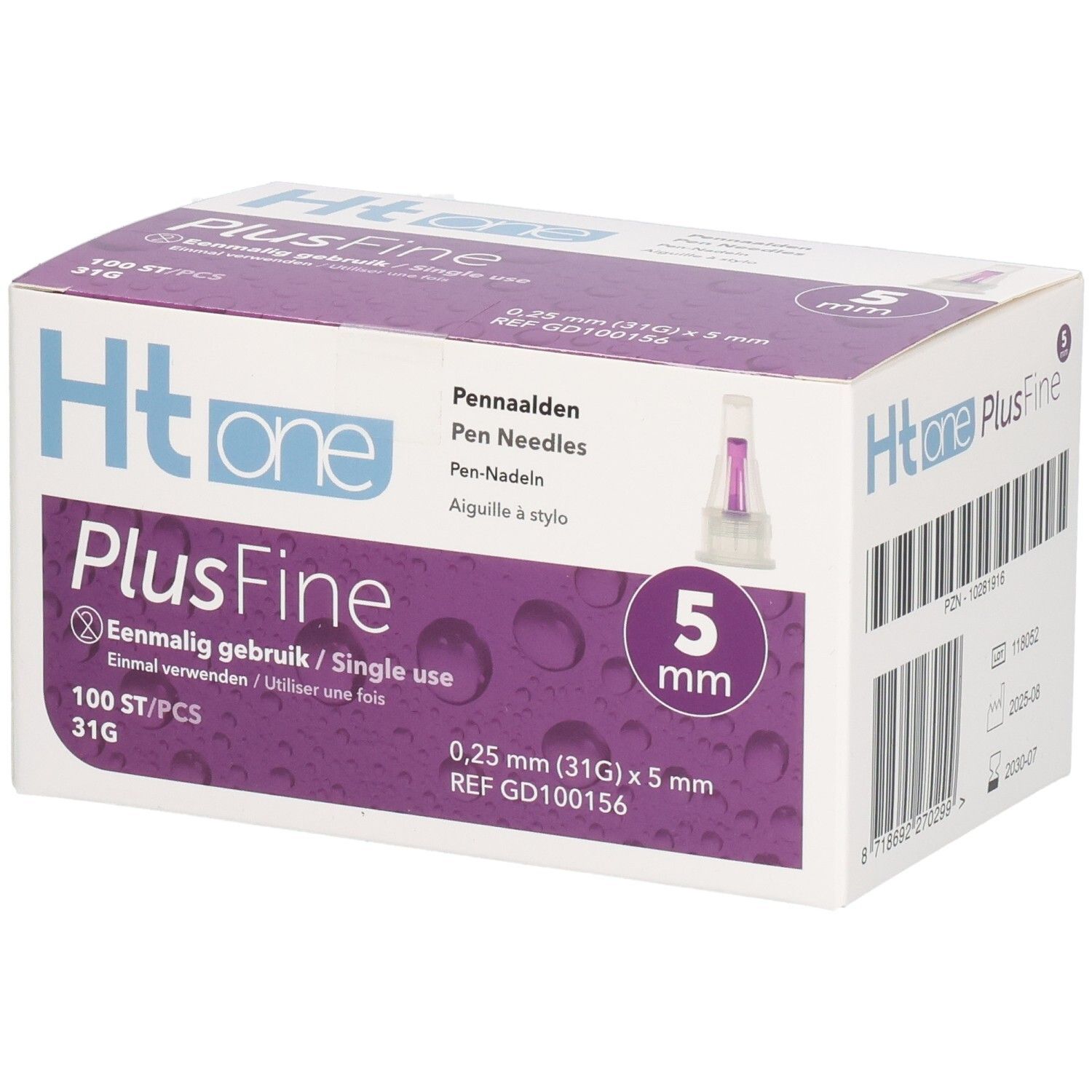 Doosje met pennaalden Ht one PlusFine, 5 mm, 100 stuks. Eenmalig gebruik. 0,25 mm (31G) x 5 mm. Pennaald.