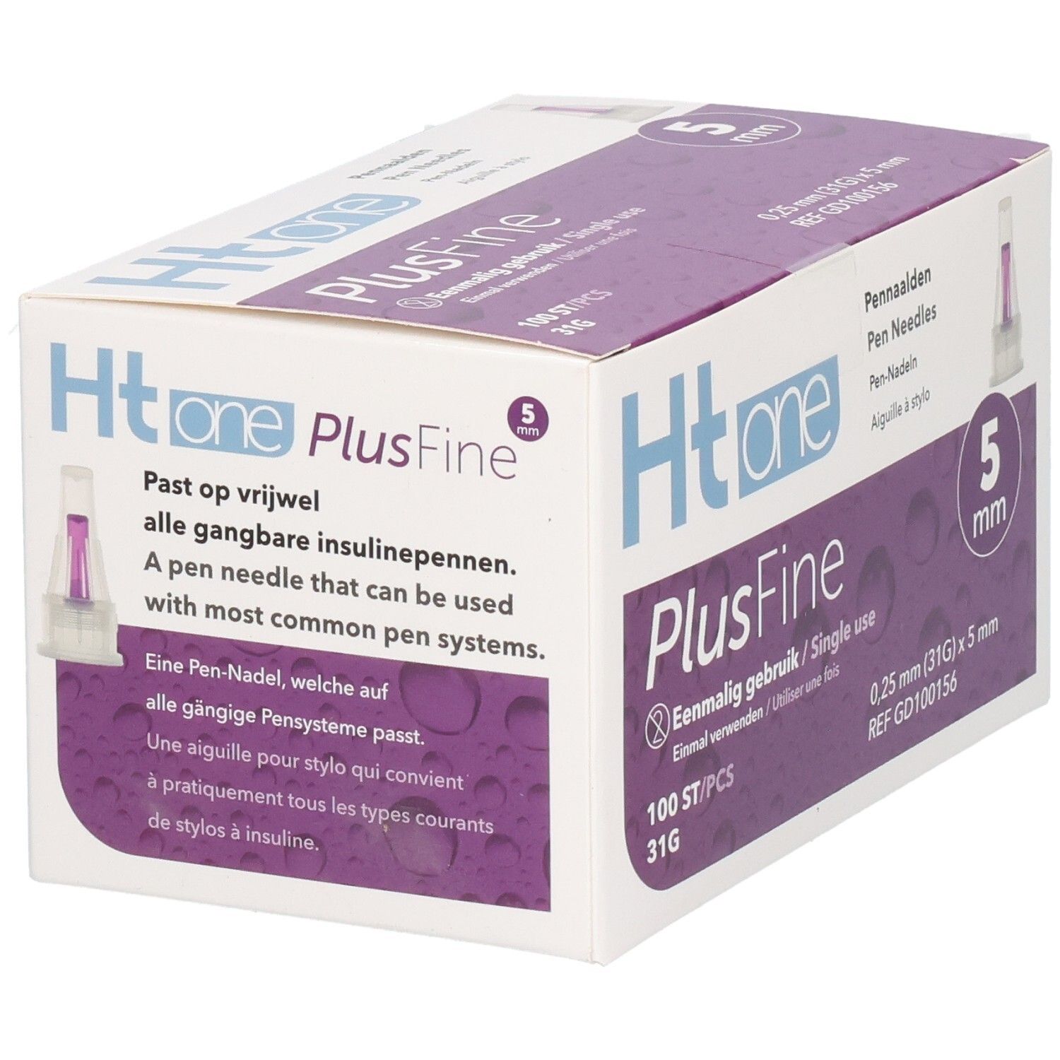 Doosje met pennaalden Ht one PlusFine, 5 mm, 100 stuks. Eenmalig gebruik. Geschikt voor de meeste pennen.