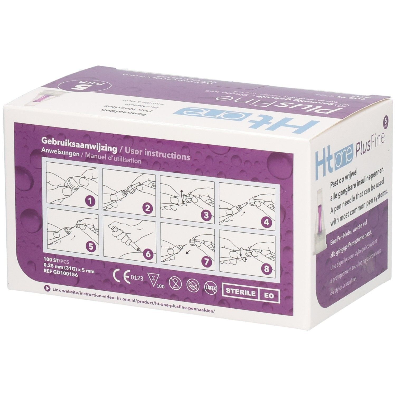 Achterkant van de doos met pennaalden. Gebruiksaanwijzing in 8 stappen. Ht one PlusFine, 100 stuks, steriel.