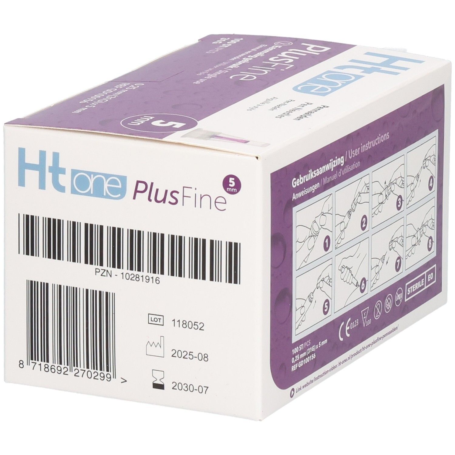 Doosje met pennaalden. Barcode, lotnummer, vervaldatum. Ht one PlusFine, 100 stuks, steriel.