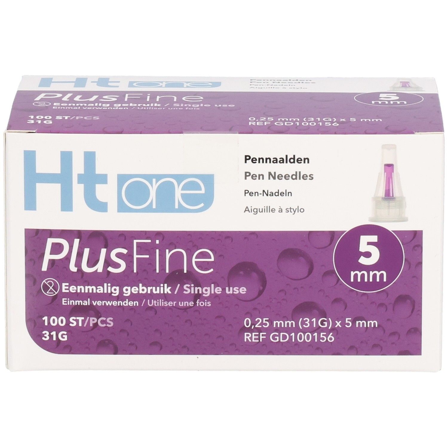 Doosje met pennaalden Ht one PlusFine, 5 mm, 100 stuks. Eenmalig gebruik. 0,25 mm (31G) x 5 mm. Pennaald.