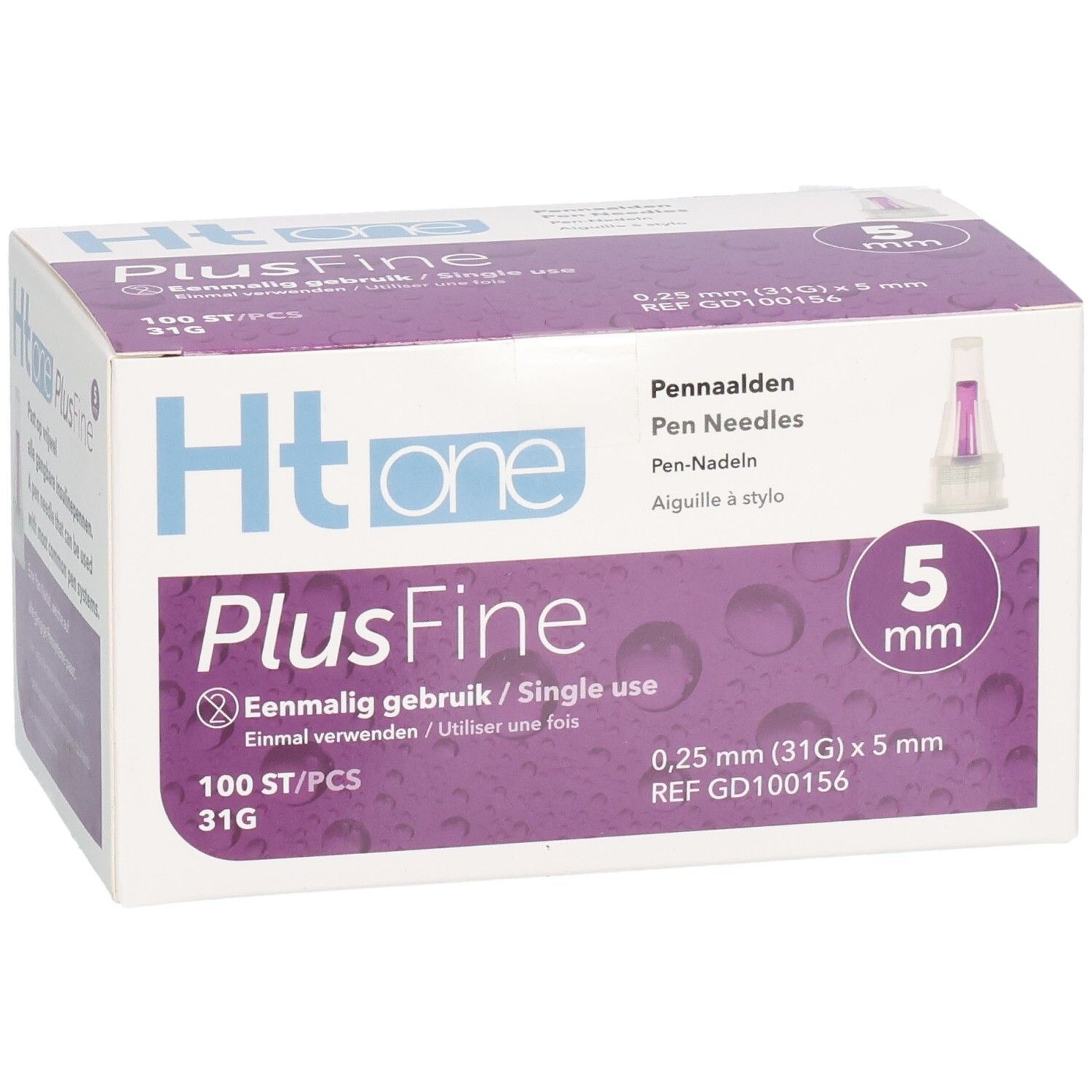 Doosje met pennaalden Ht one PlusFine, 5 mm, 100 stuks. Eenmalig gebruik. 0,25 mm (31G) x 5 mm. Pennaald.