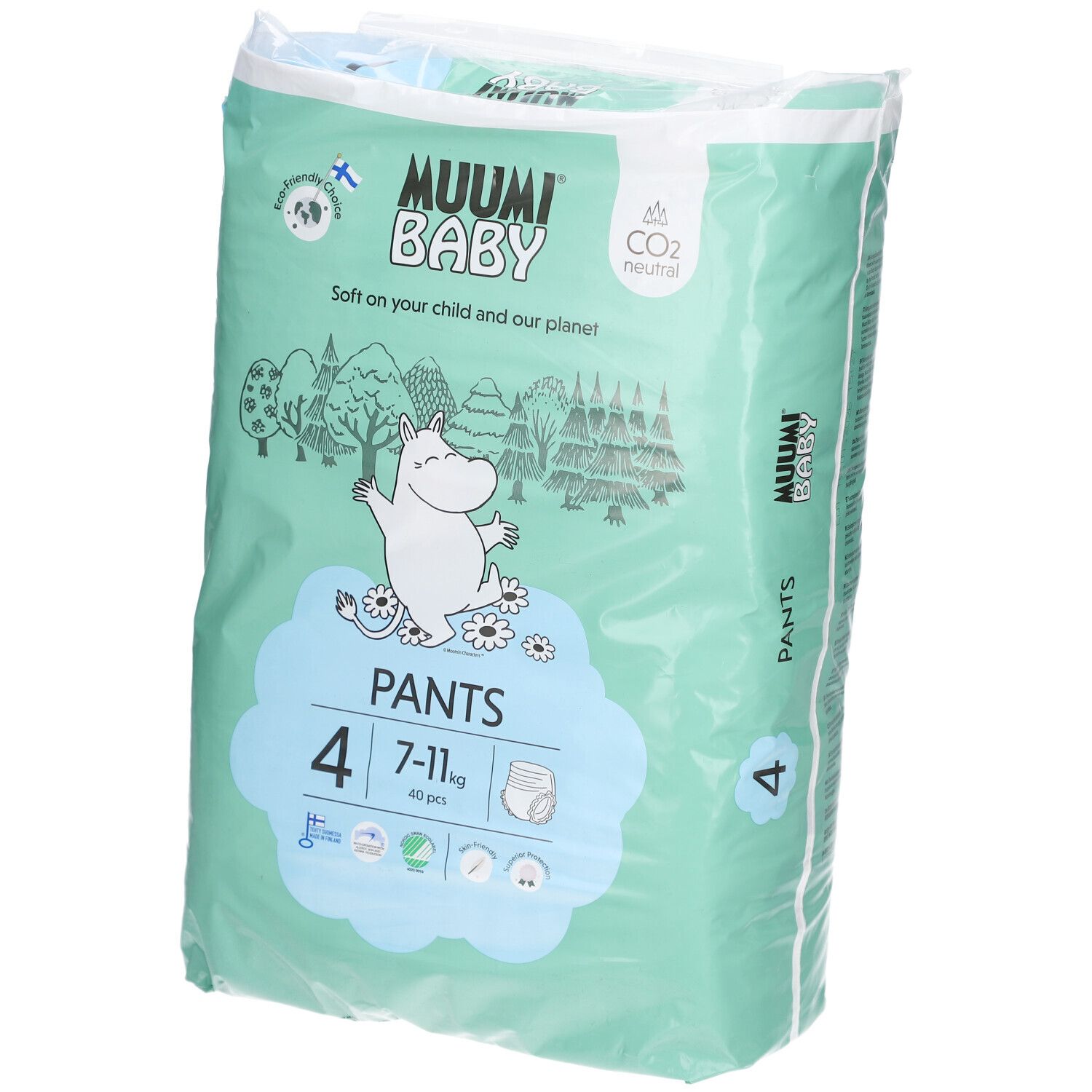 Verpakking Muumi Baby Pants, maat 4 (7-11 kg). Illustraties en CO2 neutraal certificaat.