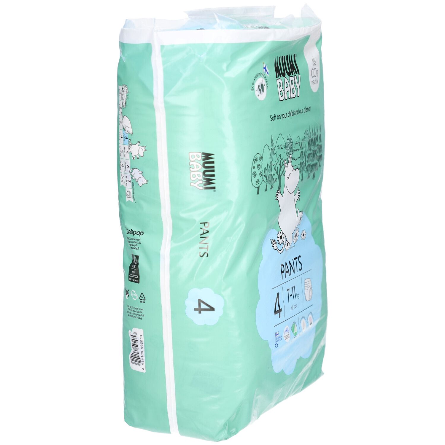 Verpakking Muumi Baby Pants, maat 4 (7-11 kg). Illustraties.