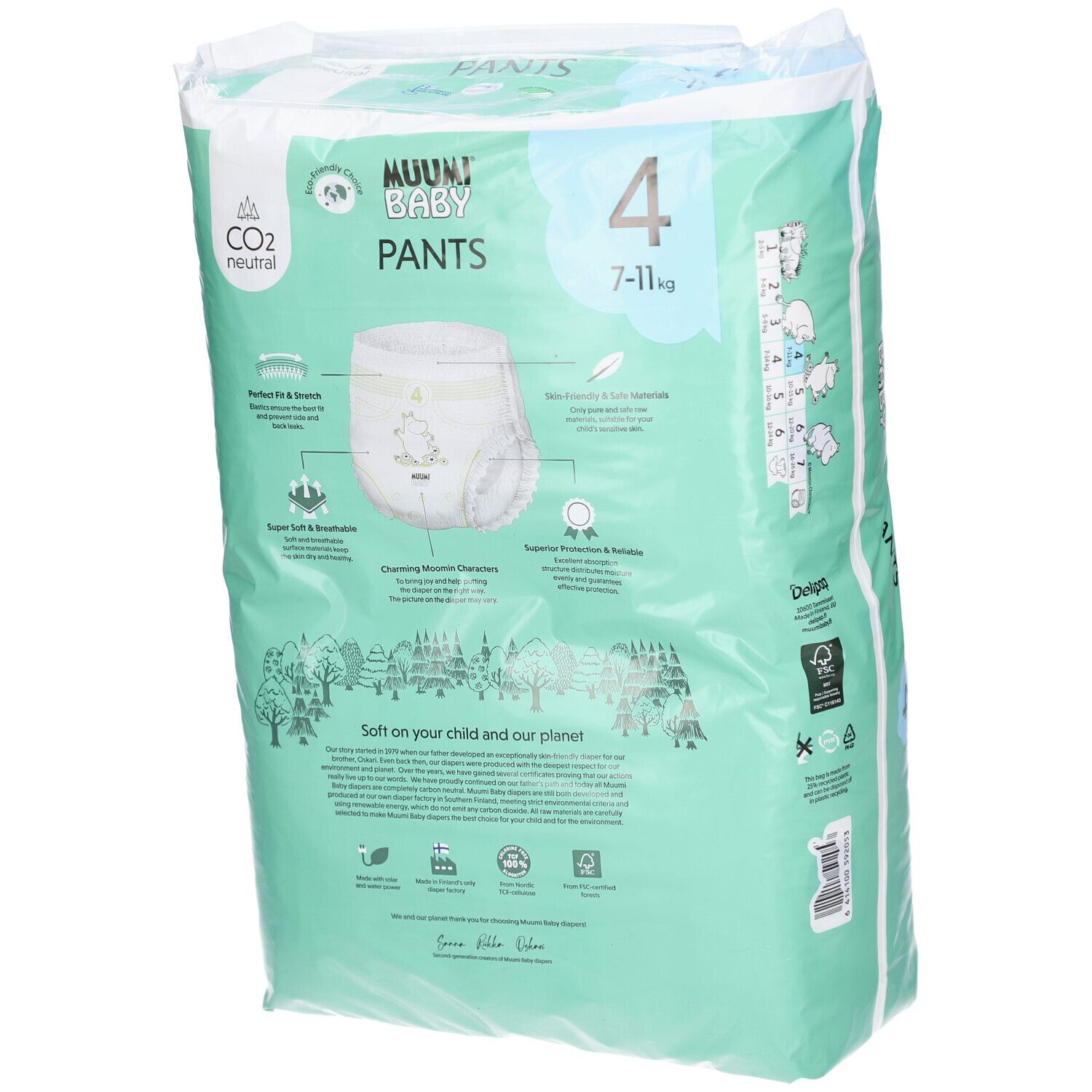 Achterkant verpakking Muumi Baby Pants, maat 4 (7-11 kg). Productkenmerken.