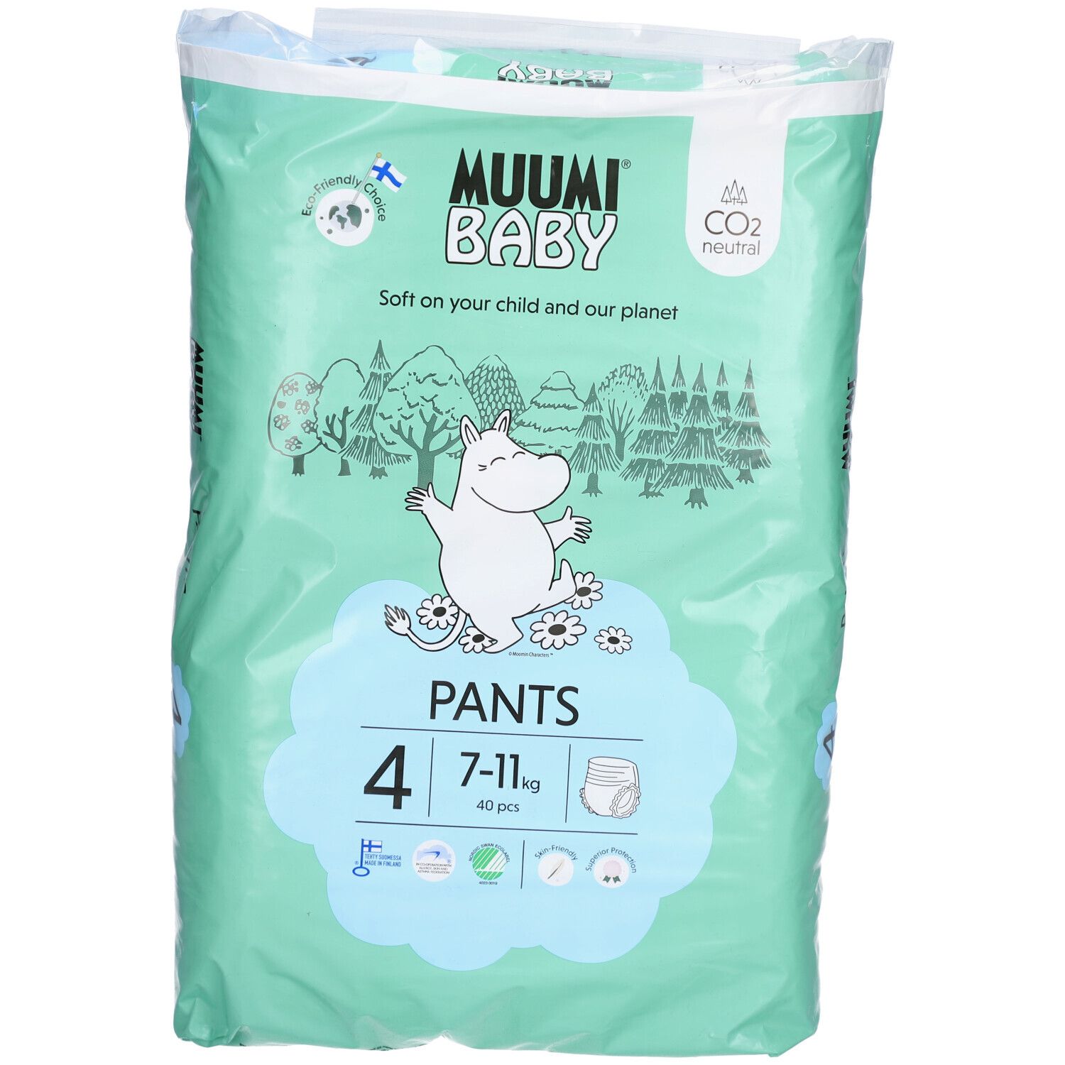 Verpakking Muumi Baby Pants, maat 4 (7-11 kg). Illustraties en CO2 neutraal certificaat.
