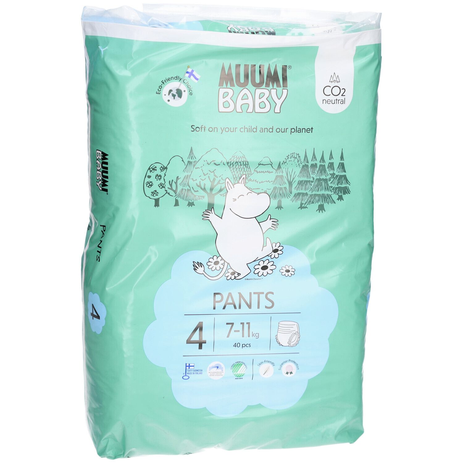 Verpakking Muumi Baby Pants, maat 4 (7-11 kg). Illustraties en CO2 neutraal certificaat.