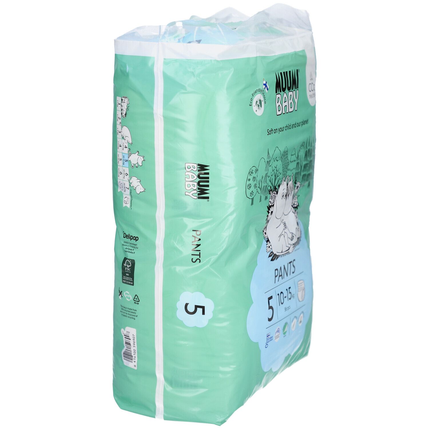 Paquet vert de couches-culottes Muumi Baby. Taille 5, 10-15 kg. Illustration Moomin. Mention CO2 neutre. Vue latérale.