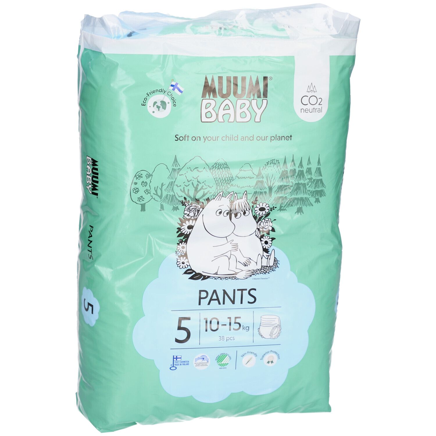 Paquet vert de couches-culottes Muumi Baby. Taille 5, 10-15 kg. Illustration Moomin. Mention CO2 neutre. Contient 38 pièces.