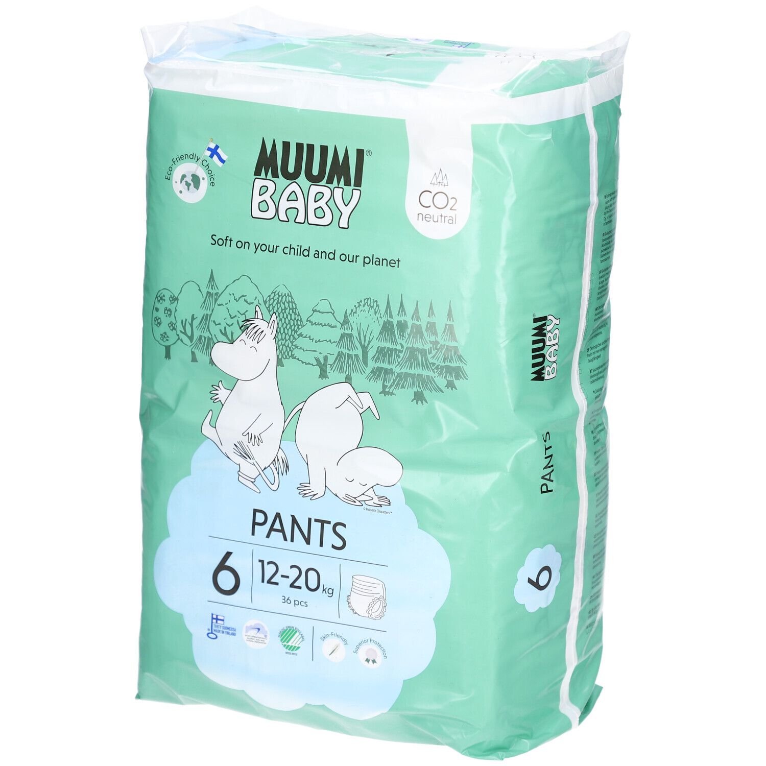 Verpakking Muumi Baby Pants, maat 6 (12-20 kg). Mintgroene verpakking met illustraties en productinformatie.
