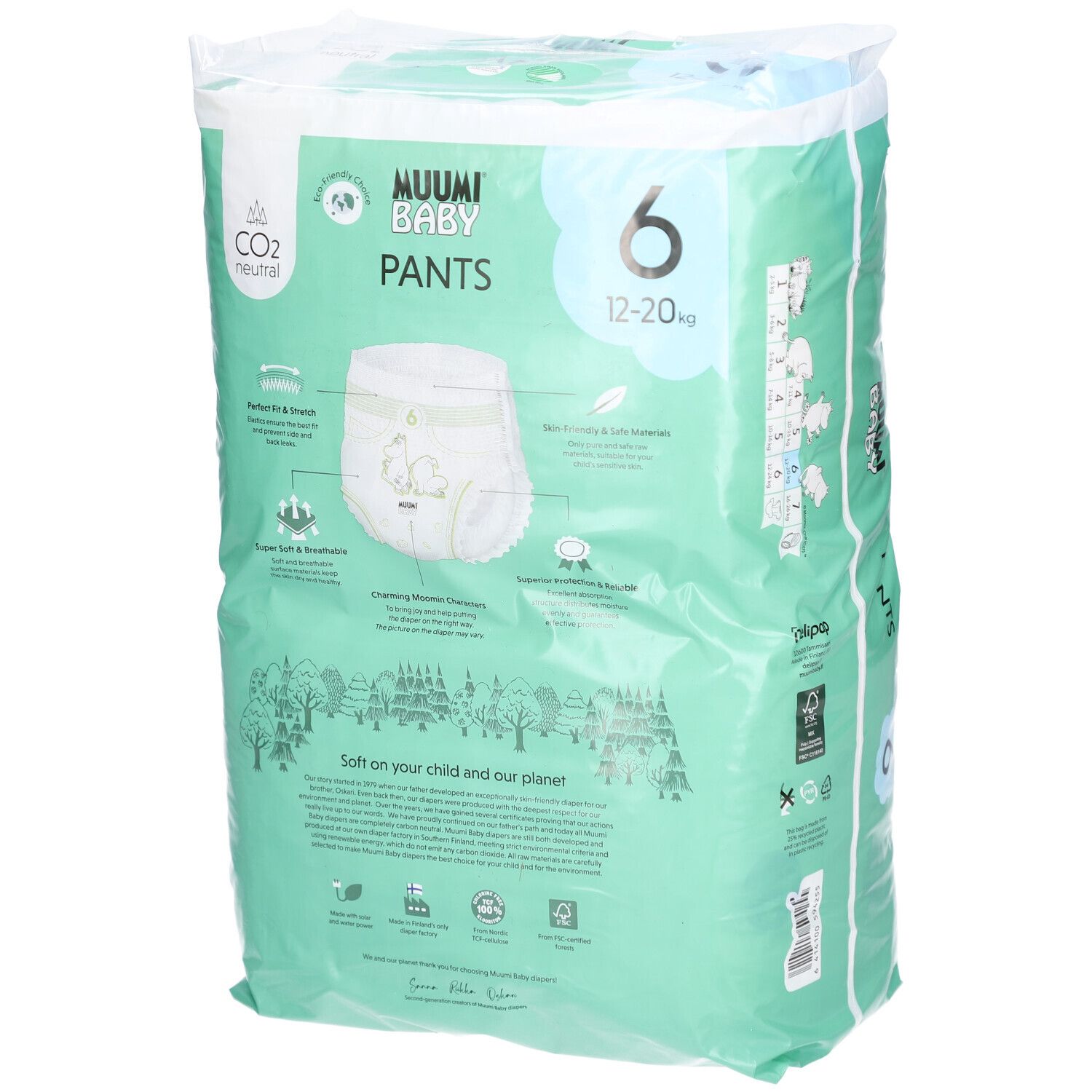 Verpakking Muumi Baby Pants, maat 6 (12-20 kg). Mintgroen met productafbeelding en informatie over de kenmerken.