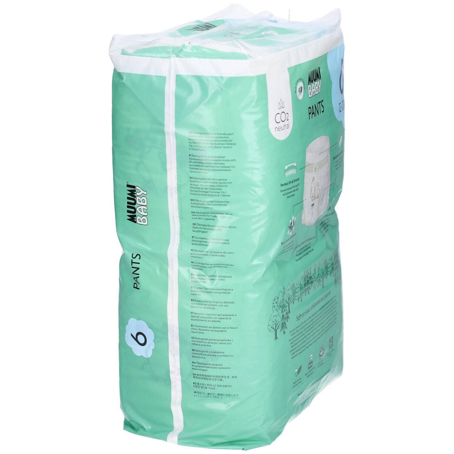 Zijaanzicht van de verpakking van Muumi Baby Pants, maat 6 (12-20 kg). Mintgroen met productinformatie en logo's.