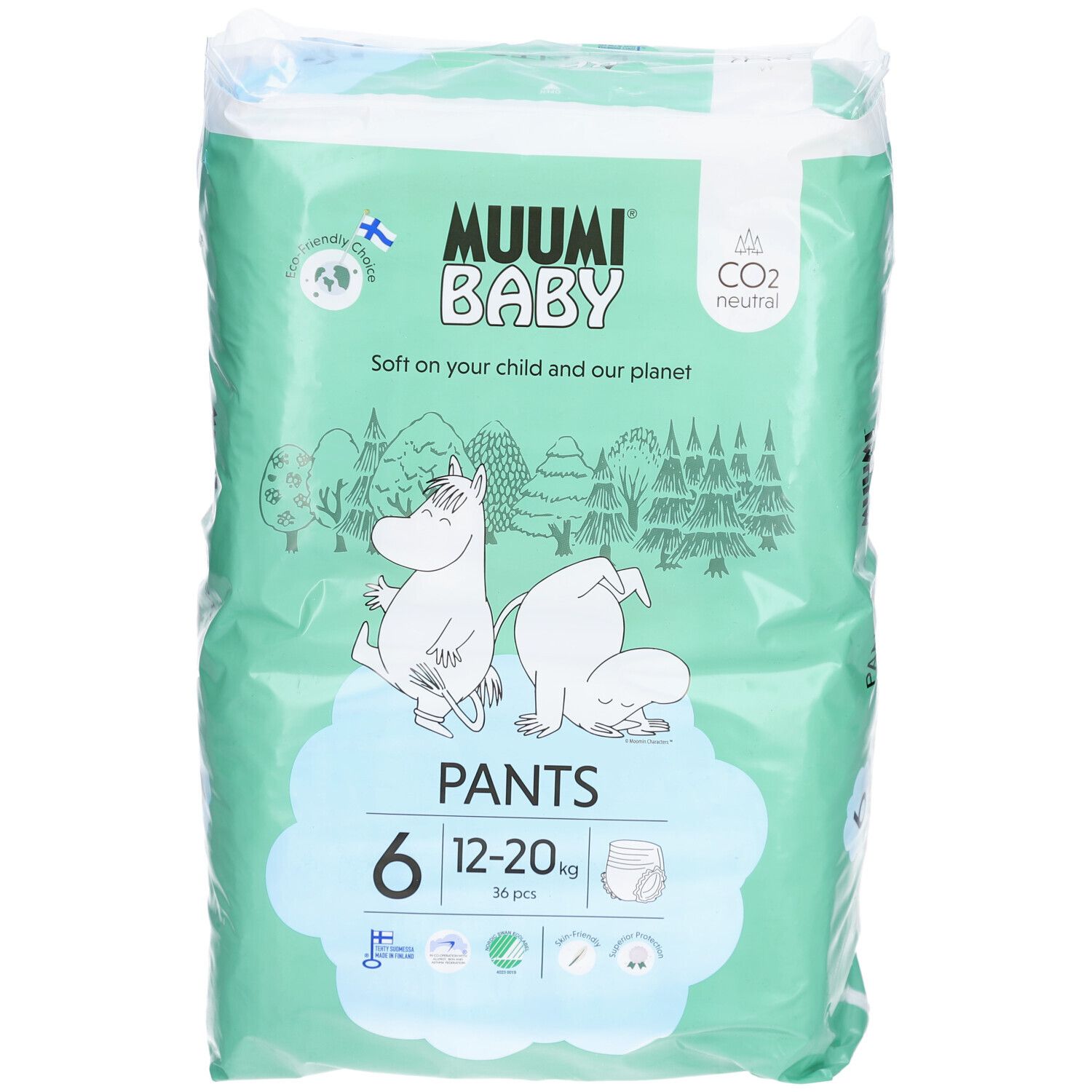 Verpakking Muumi Baby Pants, maat 6 (12-20 kg). Mintgroen met illustraties, productnaam en maatindicatie.