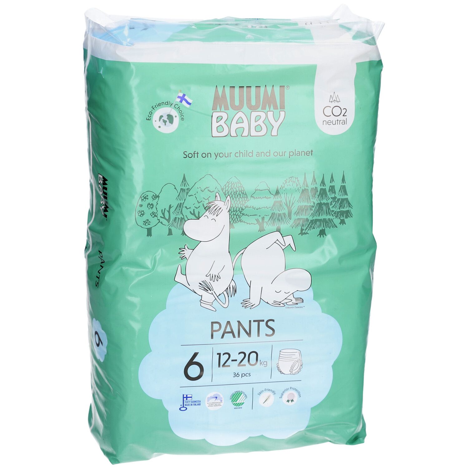 Verpakking Muumi Baby Pants, maat 6 (12-20 kg). Mintgroen met illustraties, productnaam en maatindicatie.