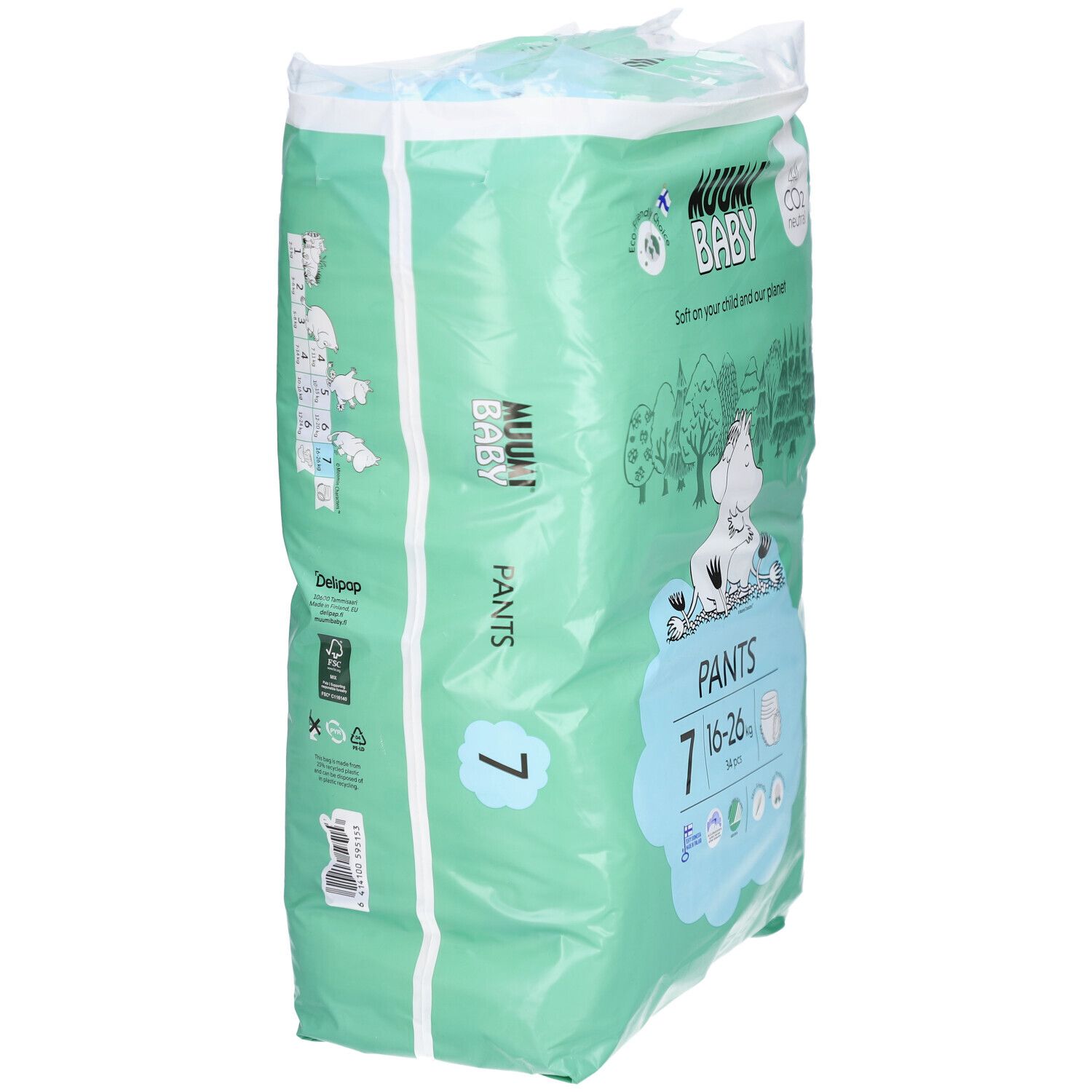 Luierbroekjes verpakking, zijaanzicht. Merk: Muumi Baby. Maat 7. Groen-witte verpakking met tekst en illustraties.