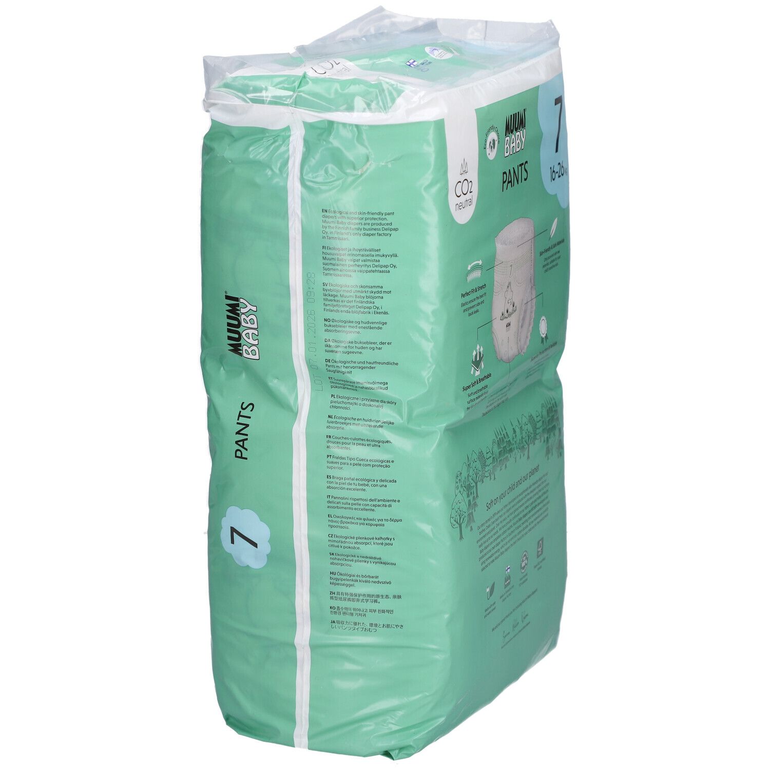 Luierbroekjes verpakking, zijaanzicht. Merk: Muumi Baby. Maat 7. Groen-witte verpakking met tekst en illustraties.