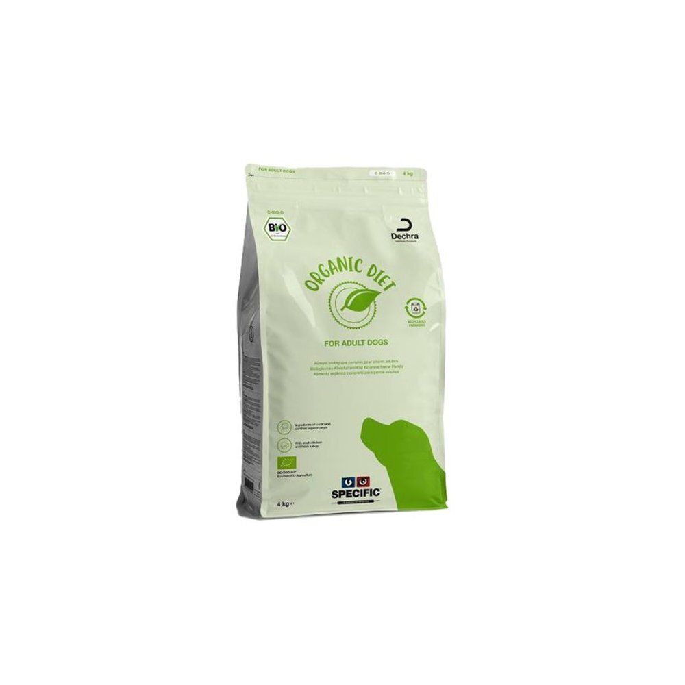 Zak droogvoer voor honden. Opschrift: Organic Diet, voor volwassen honden. Groen-wit design. Bio-label.