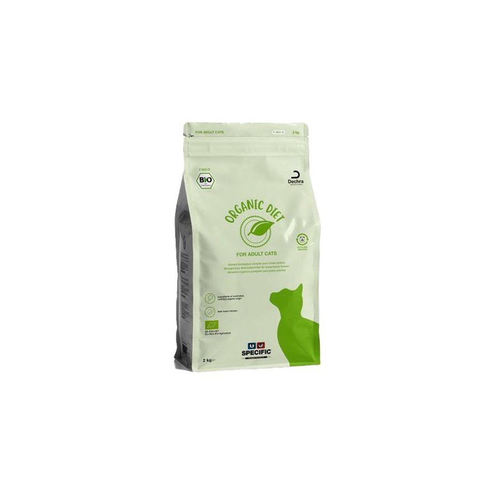 Zak droogvoer voor katten. Opschrift: Organic Diet, voor volwassen katten. Bio-label en groene kat-silhouet.