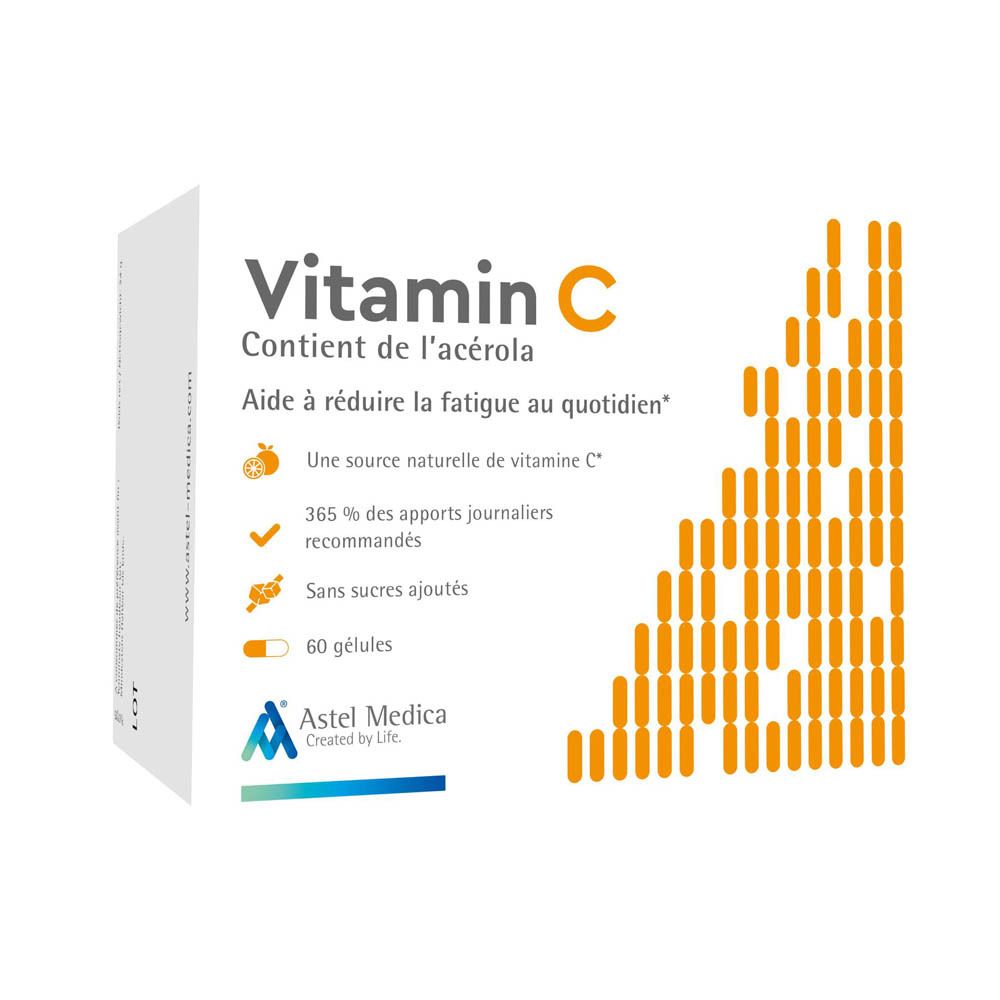Astel Medica Vitamine C boîte de 60 gélules, contient de l'acérola, réduit la fatigue.