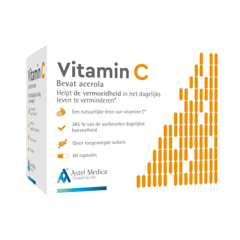 Astel Medica Vitamine C verpakking met 60 capsules, bevat acerola, vermindert vermoeidheid.