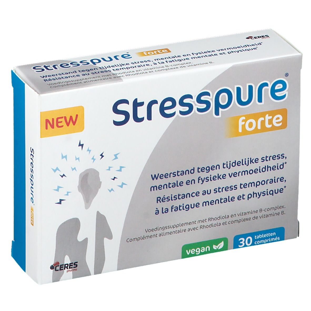 Doos StressPure forte. Opschrift: "StressPure forte". Bevat 30 tabletten. Vegan-zegel.