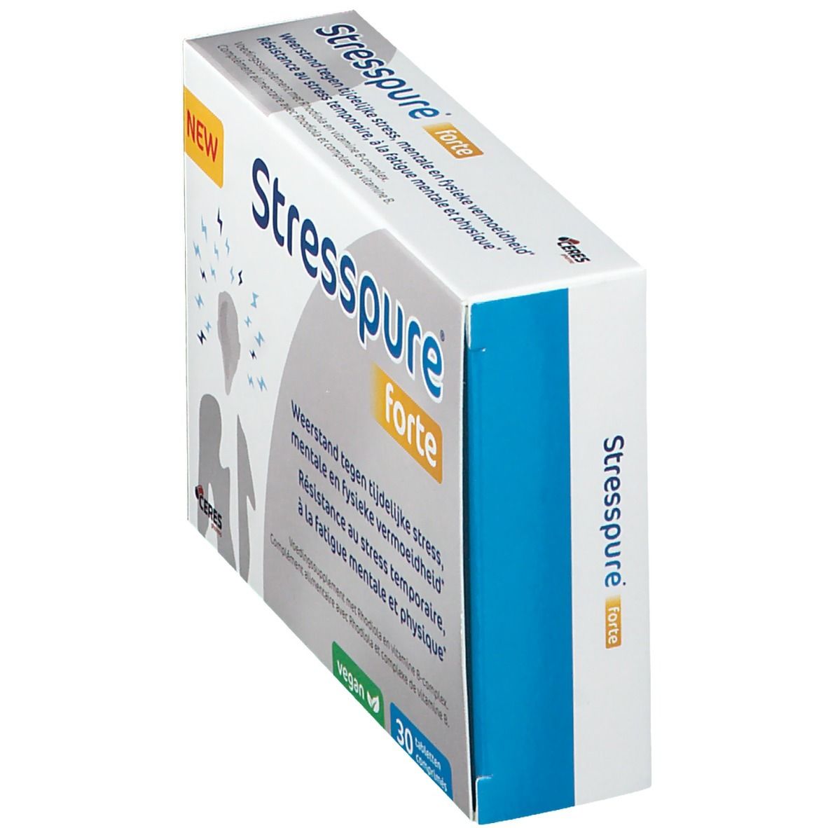 Schuin geplaatste doos StressPure forte. Opschrift: "StressPure forte". Blauwe en witte kleuren.