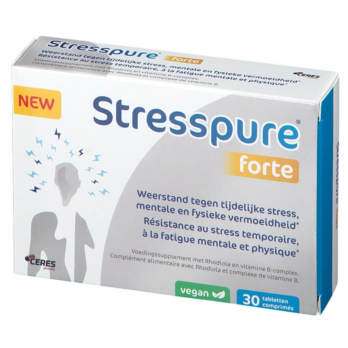 StressPure forte doos. Opschrift: "StressPure forte". Bevat 30 tabletten. Vegan-zegel.