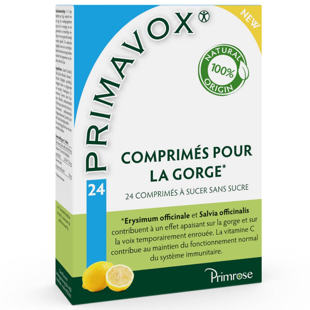 Verpakking PRIMAVOX® keeltabletten, 24 tabletten. Zonder suiker. Bevat Erysimum officinale, Salvia officinalis, vitamine C. Met citroen.