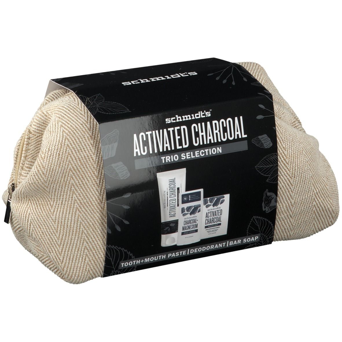 Geschenkset met actieve koolproducten. Bevat tandpasta, deodorant en zeep. Verpakt in een beige tas met ritssluiting.