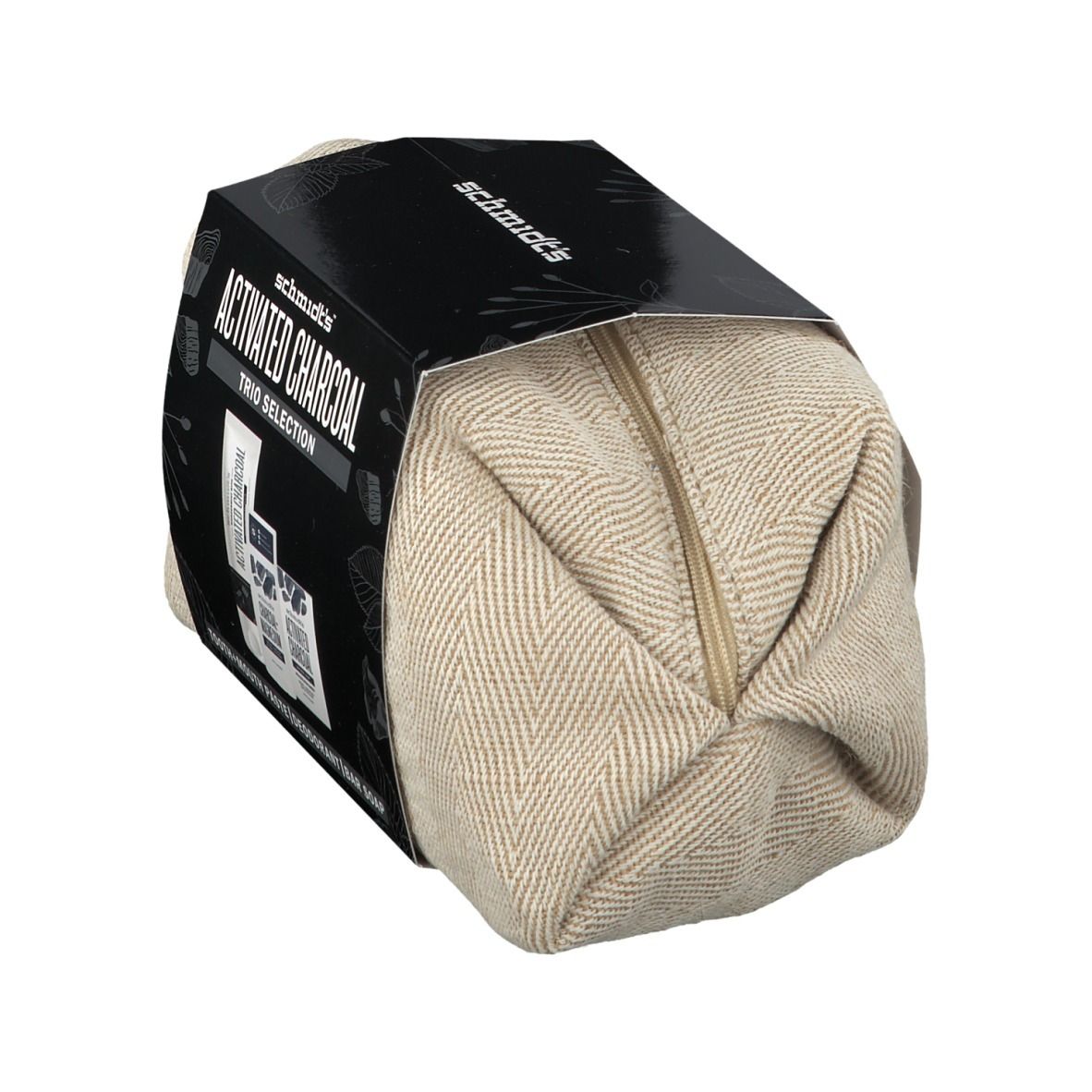 Geschenkset met actieve kool, verpakt in een beige tas met ritssluiting. Zwarte verpakking met productnamen.