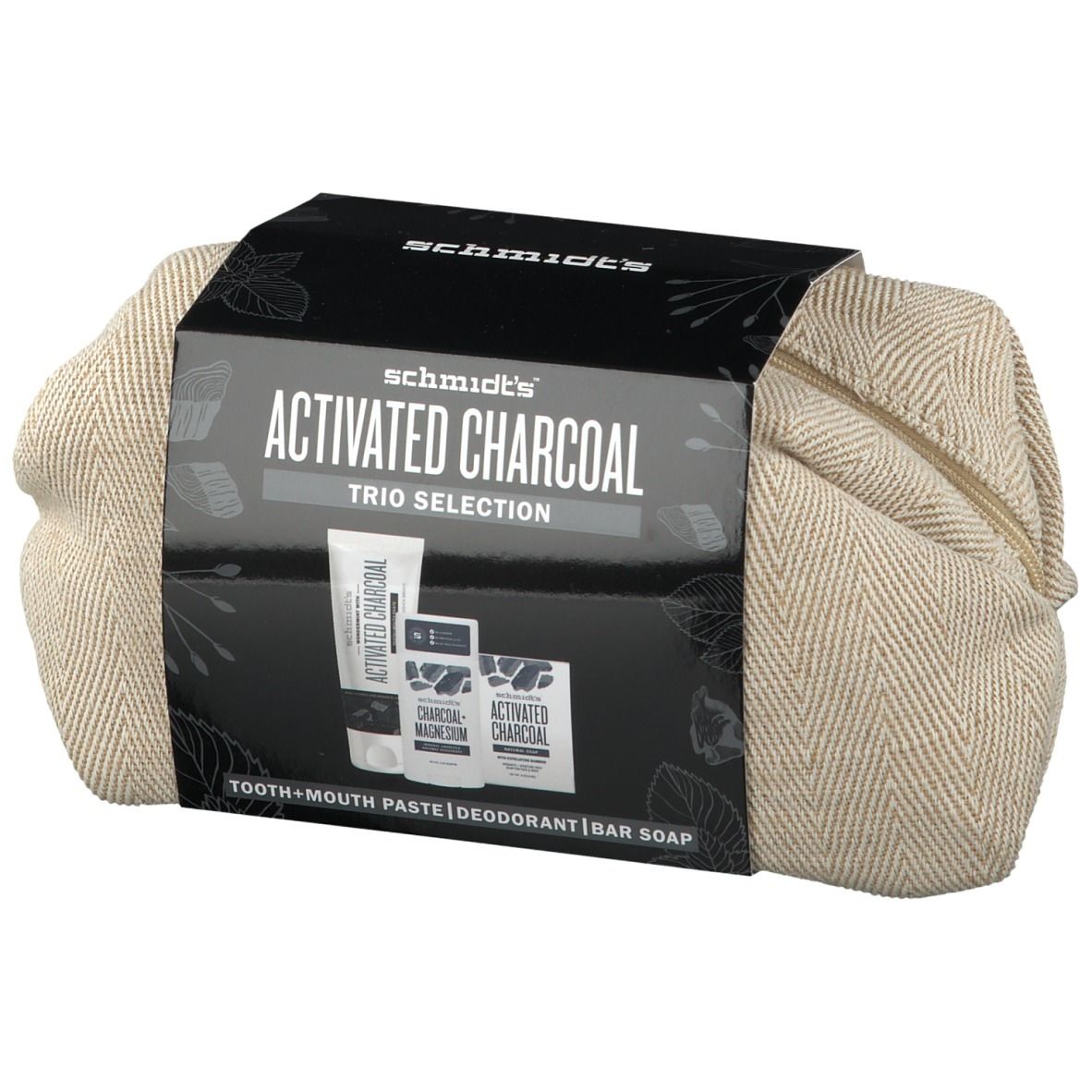 Geschenkset met actieve koolproducten. Bevat tandpasta, deodorant en zeep. Beige tas met ritssluiting.